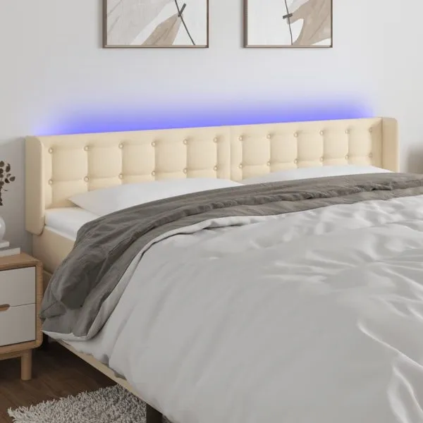 Tăblie de pat cu LED, crem, 203x16x78/88 cm, textil
