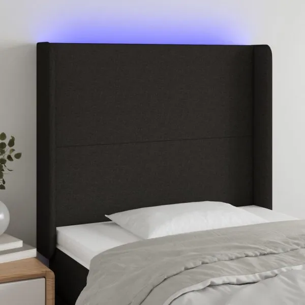 Tăblie de pat cu LED, negru, 93x16x118/128 cm, textil