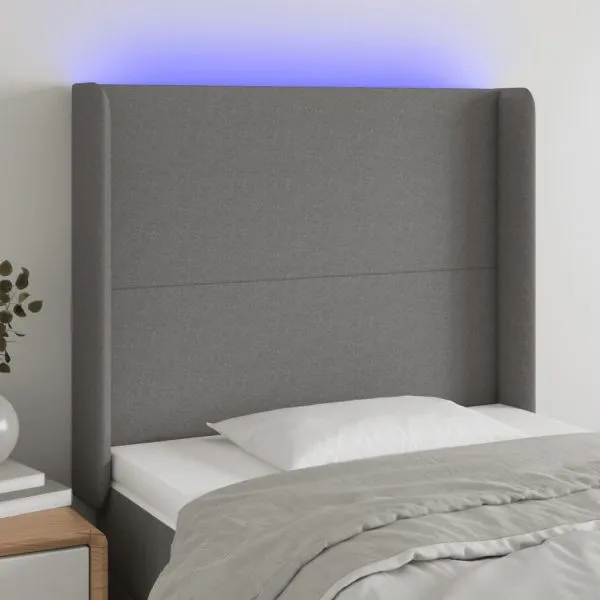 Tăblie de pat cu LED, gri închis, 103x16x118/128 cm, textil