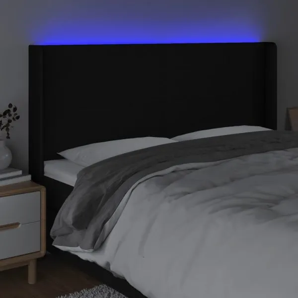 Tăblie de pat cu LED, negru, 183x16x118/128 cm, textil