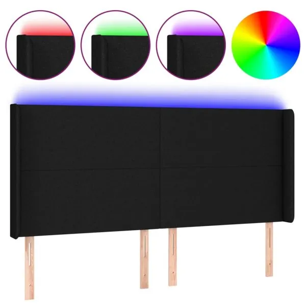 Tăblie de pat cu LED, negru, 203x16x118/128 cm, textil