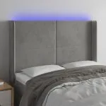 Tăblie de pat cu LED, gri deschis, 147x16x118/128 cm, catifea