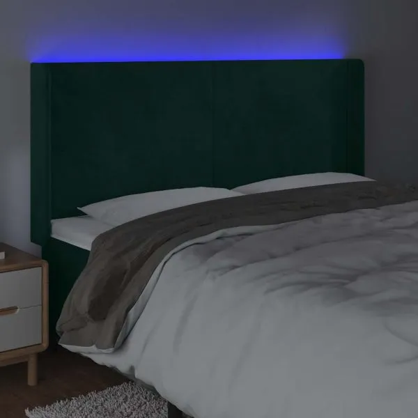 Tăblie de pat cu LED, verde închis, 203x16x118/128 cm, catifea