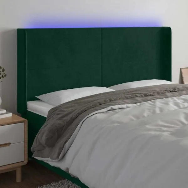 Tăblie de pat cu LED, verde închis, 203x16x118/128 cm, catifea