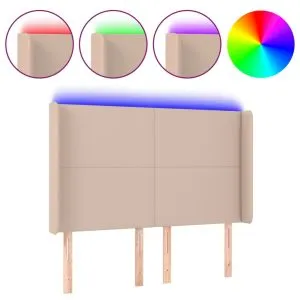 Tăblie de pat cu LED, cappuccino, 147x16x118/128 cm, piele eco