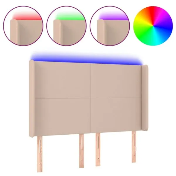 Tăblie de pat cu LED, cappuccino, 147x16x118/128 cm, piele eco