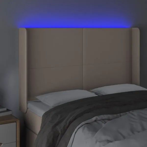 Tăblie de pat cu LED, cappuccino, 147x16x118/128 cm, piele eco