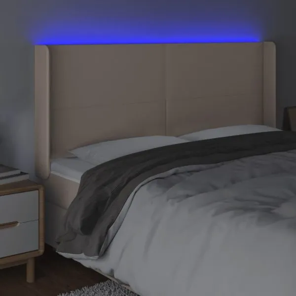 Tăblie de pat cu LED, cappuccino, 183x16x118/128 cm, piele eco