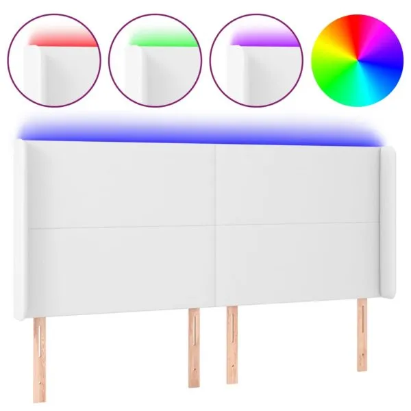 Tăblie de pat cu LED, alb, 203x16x118/128 cm, piele ecologică