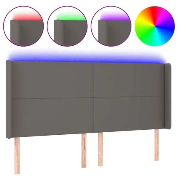 Tăblie de pat cu LED, gri, 203x16x118/128 cm, piele ecologică