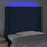 Tăblie de pat cu LED, albastru, 93x16x118/128 cm, textil
