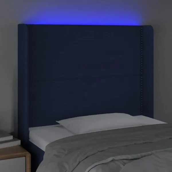 Tăblie de pat cu LED, albastru, 93x16x118/128 cm, textil