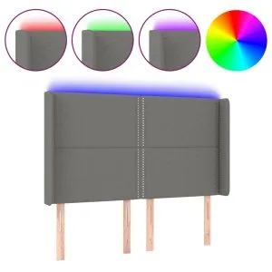 Tăblie de pat cu LED, gri închis, 147x16x118/128 cm, textil