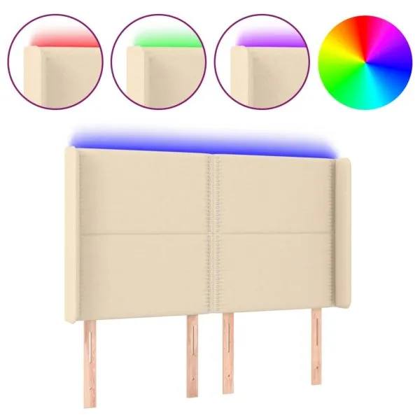 Tăblie de pat cu LED, crem, 147x16x118/128 cm, textil