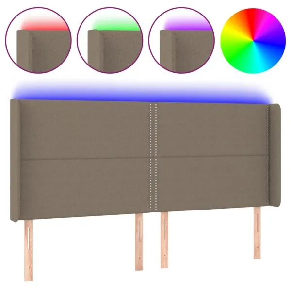Tăblie de pat cu LED, gri taupe, 163x16x118/128 cm, textil