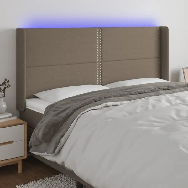 Tăblie de pat cu LED, gri taupe, 163x16x118/128 cm, textil