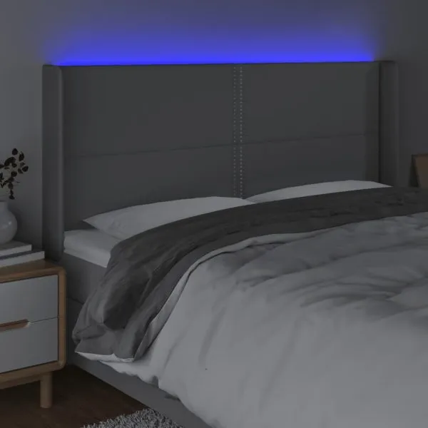 Tăblie de pat cu LED, gri deschis, 203x16x118/128 cm, textil