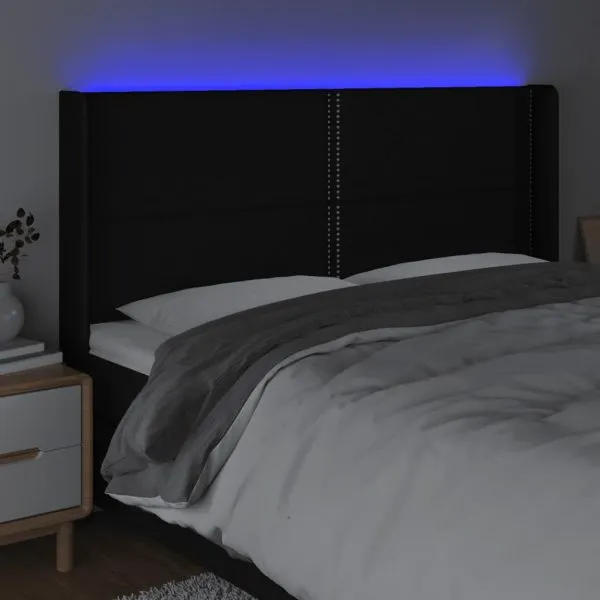 Tăblie de pat cu LED, negru, 203x16x118/128 cm, textil
