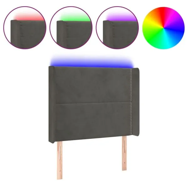 Tăblie de pat cu LED, gri închis, 93x16x118/128 cm, catifea