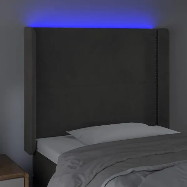 Tăblie de pat cu LED, gri închis, 93x16x118/128 cm, catifea