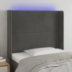 Tăblie de pat cu LED, gri închis, 93x16x118/128 cm, catifea