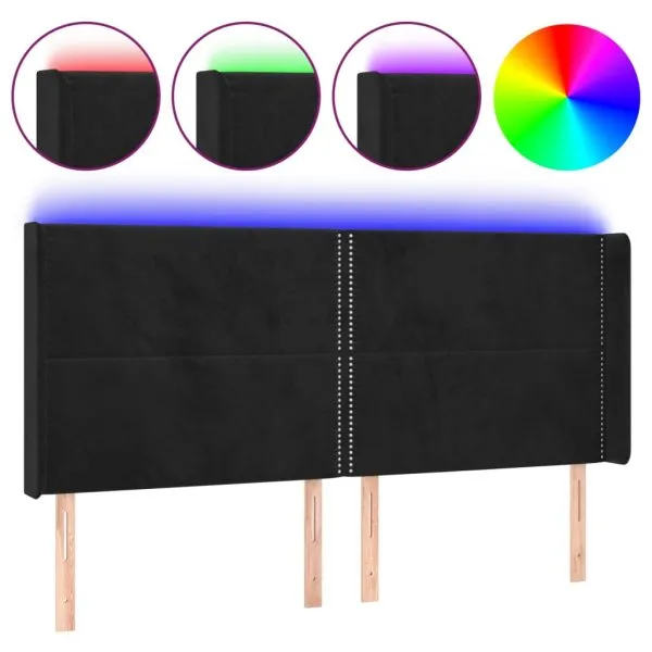 Tăblie de pat cu LED, negru, 163x16x118/128 cm, catifea