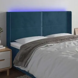 Tăblie de pat cu LED, albastru închis, 163x16x118/128cm catifea