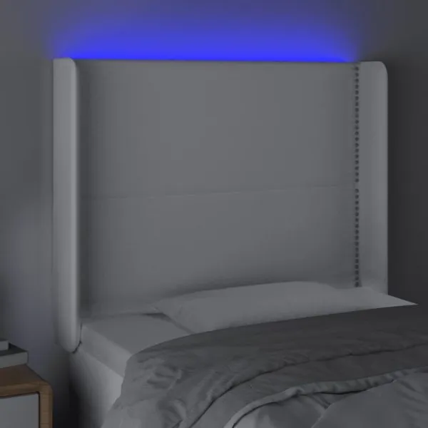 Tăblie de pat cu LED, alb, 103x16x118/128 cm, piele ecologică