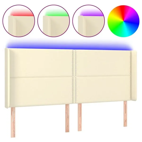 Tăblie de pat cu LED, crem, 163x16x118/128 cm, piele ecologică
