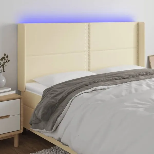 Tăblie de pat cu LED, crem, 163x16x118/128 cm, piele ecologică