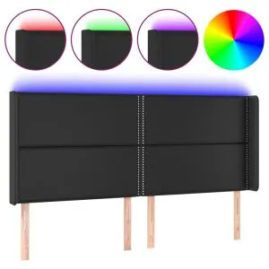 Tăblie de pat cu LED, negru, 183x16x118/128 cm, piele ecologică