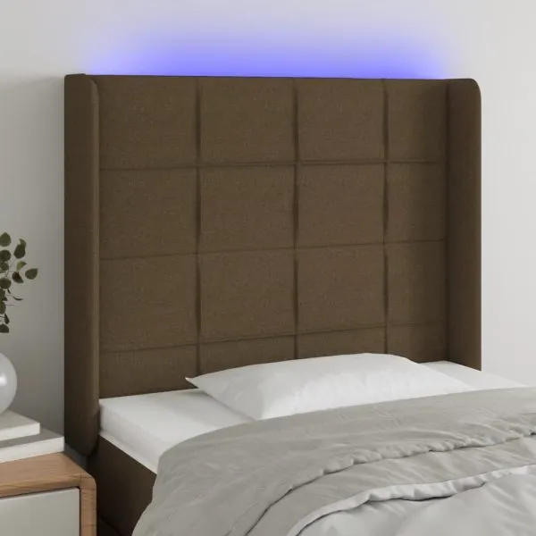 Tăblie de pat cu LED, maro închis, 83x16x118/128 cm, textil