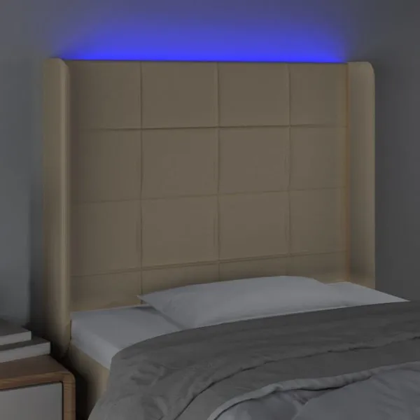 Tăblie de pat cu LED, crem, 83x16x118/128 cm, textil