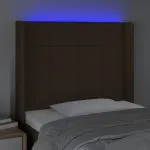 Tăblie de pat cu LED, maro închis, 93x16x118/128 cm, textil