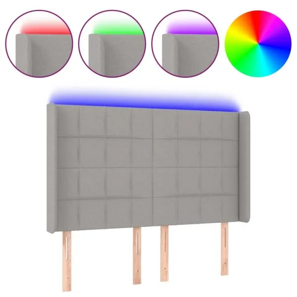 Tăblie de pat cu LED, gri deschis, 147x16x118/128 cm, textil