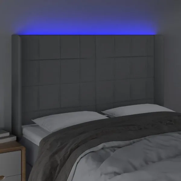Tăblie de pat cu LED, gri deschis, 147x16x118/128 cm, textil