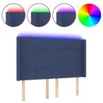 Tăblie de pat cu LED, albastru, 147x16x118/128 cm, textil