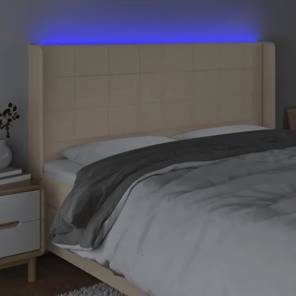 Tăblie de pat cu LED, crem, 163x16x118/128 cm, textil