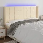 Tăblie de pat cu LED, crem, 163x16x118/128 cm, textil