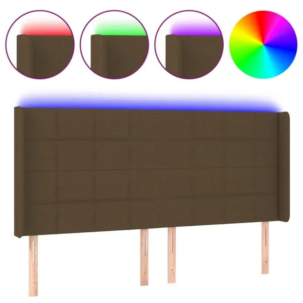 Tăblie de pat cu LED, maro închis, 183x16x118/128 cm, textil
