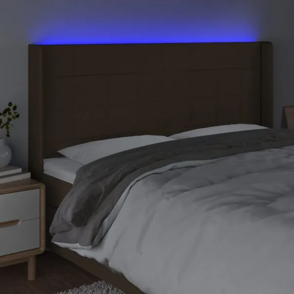 Tăblie de pat cu LED, maro închis, 183x16x118/128 cm, textil