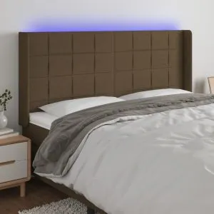 Tăblie de pat cu LED, maro închis, 183x16x118/128 cm, textil