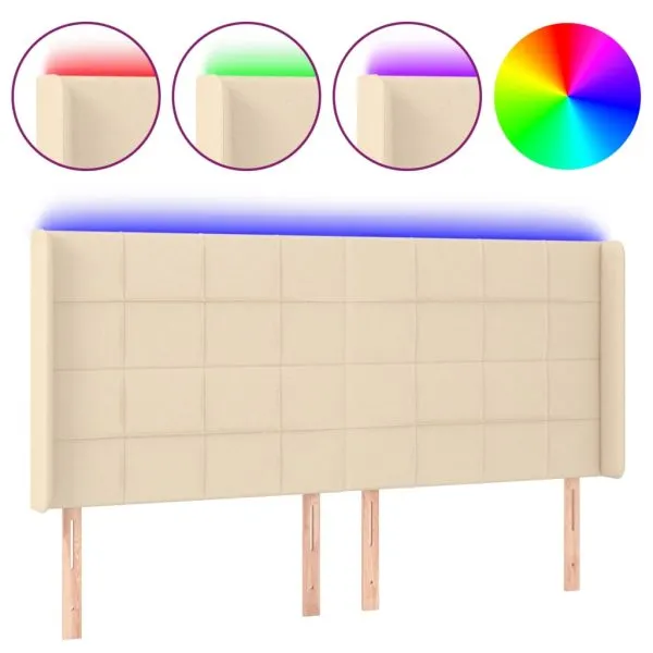 Tăblie de pat cu LED, crem, 183x16x118/128 cm, textil