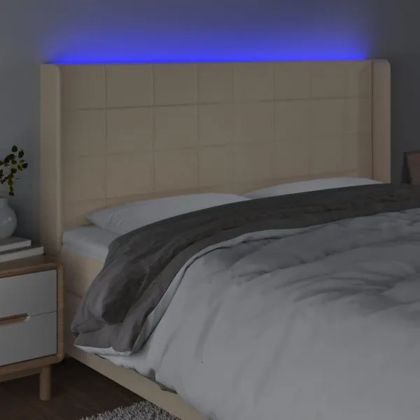 Tăblie de pat cu LED, crem, 183x16x118/128 cm, textil