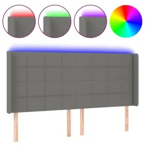 Tăblie de pat cu LED, gri închis, 203x16x118/128 cm, textil