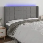 Tăblie de pat cu LED, gri închis, 203x16x118/128 cm, textil
