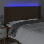 Tăblie de pat cu LED, maro închis, 203x16x118/128 cm, textil