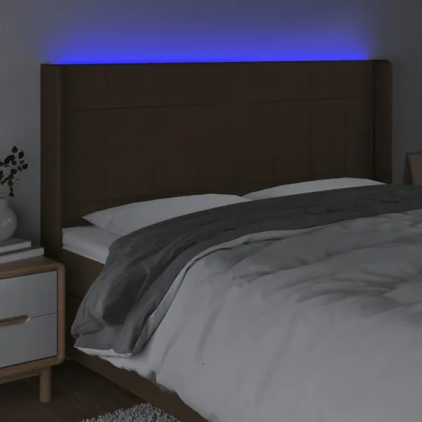 Tăblie de pat cu LED, maro închis, 203x16x118/128 cm, textil