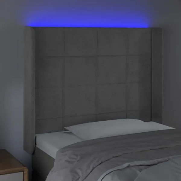 Tăblie de pat cu LED, gri deschis, 103x16x118/128 cm, catifea