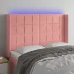 Tăblie de pat cu LED, roz, 147x16x118/128 cm, catifea